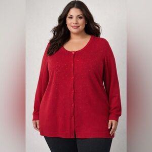 Catherine’s Red Rhinestone Cotton Long Sleeve Button Up Sweater 5X  34/36W
